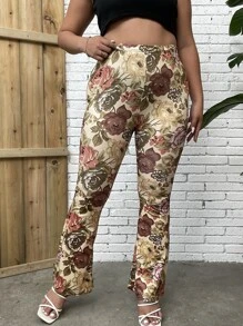 SHEIN Holidaya Plus Floral Print Flare Leg Trousers - Multicolor - View 7