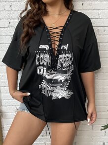 Flirla Áo thun Plus size Ren lên Thùa khuyết Ô tô/xe hơi Lá thư Gợi cảm - màu đen - Xem 7