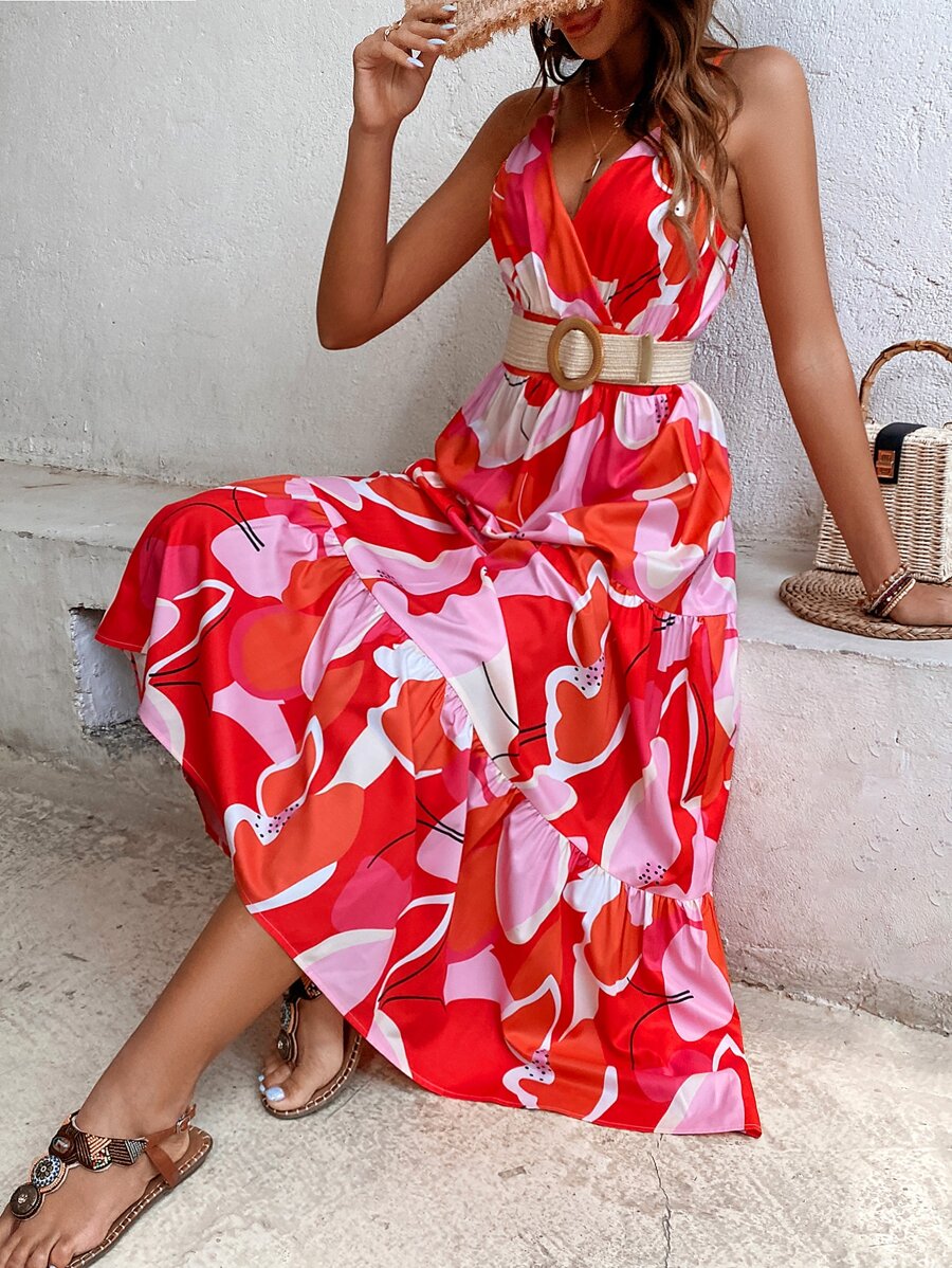 SHEIN VCAY Floral Print Surplice Neck Layered Hem Cami Dress - Red - View 1