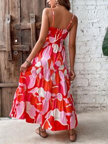 SHEIN VCAY Floral Print Surplice Neck Layered Hem Cami Dress - Red - View 2