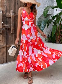 SHEIN VCAY Floral Print Surplice Neck Layered Hem Cami Dress - Red - View 3