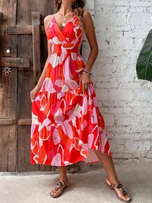 SHEIN VCAY Floral Print Surplice Neck Layered Hem Cami Dress - Red - View 6