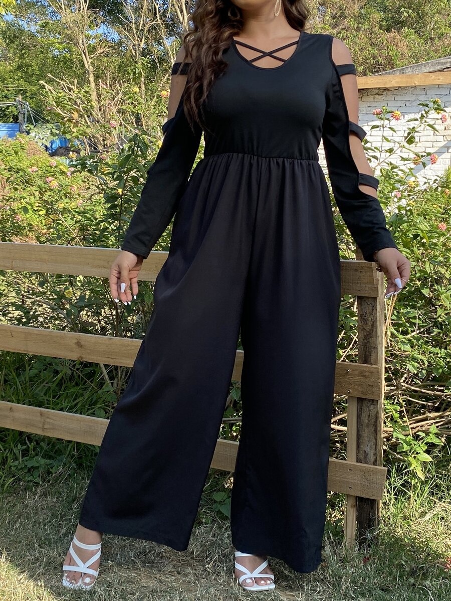 SHEIN Holidaya Plus Cut Out Crisscross Front Wide Leg Jumpsuit - Black - View 1
