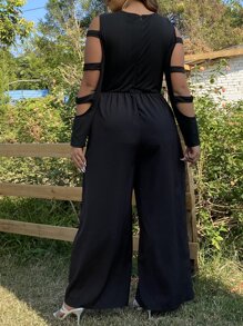 SHEIN Holidaya Plus Cut Out Crisscross Front Wide Leg Jumpsuit - Black - View 2