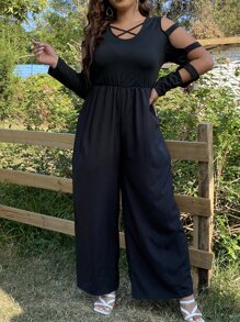 SHEIN Holidaya Plus Cut Out Crisscross Front Wide Leg Jumpsuit - Black - View 4
