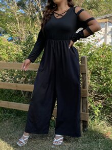 SHEIN Holidaya Plus Cut Out Crisscross Front Wide Leg Jumpsuit - Black - View 5