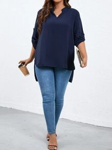 SHEIN LUNE Plus Notched Neckline Roll Tab Sleeve High Low Hem Blouse
