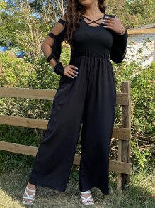 SHEIN Holidaya Plus Cut Out Crisscross Front Wide Leg Jumpsuit - Black - View 6