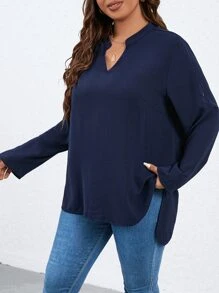 SHEIN LUNE Plus Notched Neckline Roll Tab Sleeve High Low Hem Blouse