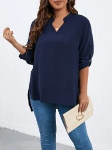 SHEIN LUNE Plus Notched Neckline Roll Tab Sleeve High Low Hem Blouse