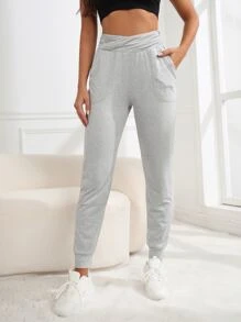 SHEIN Daily&Casual Slant Pocket Wrap Waist Sports Trousers - Light Grey - View 1