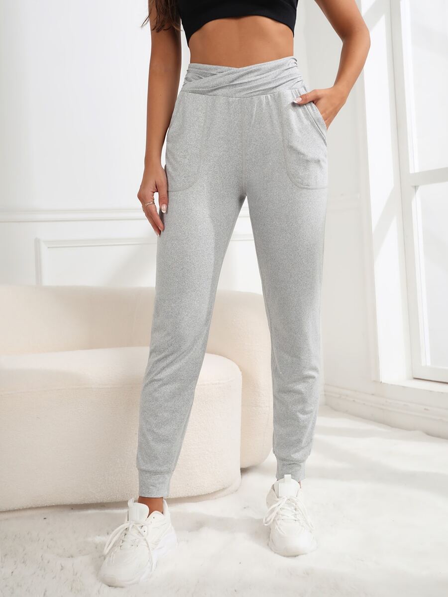 SHEIN Daily&Casual Slant Pocket Wrap Waist Sports Trousers - Light Grey - View 1