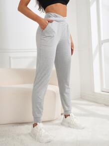 SHEIN Daily&Casual Slant Pocket Wrap Waist Sports Trousers - Light Grey - View 2