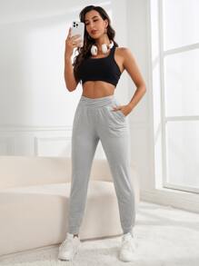 SHEIN Daily&Casual Slant Pocket Wrap Waist Sports Trousers - Light Grey - View 6