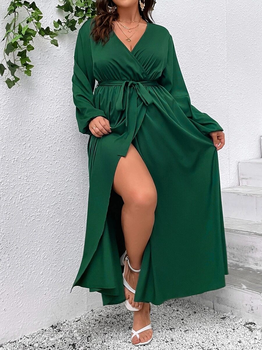 SHEIN Clasi Plus Surplice Neck Belted Dress - Dark Green - View 1