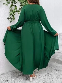 SHEIN Clasi Plus Surplice Neck Belted Dress - Dark Green - View 2