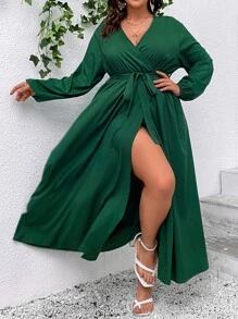 SHEIN Clasi Plus Surplice Neck Belted Dress - Dark Green - View 3