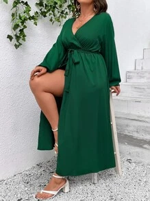 SHEIN Clasi Plus Surplice Neck Belted Dress - Dark Green - View 6