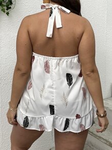 SHEIN LUNE 加上羽毛印花荷叶边下摆吊带上衣图案 T 恤女式上衣 - 白色 - 查看 2