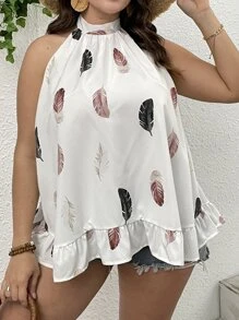 SHEIN LUNE 加上羽毛印花荷叶边下摆吊带上衣图案 T 恤女式上衣 - 白色 - 查看 5