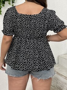 Flirla Plus Ditsy Floral Print Knot Front Peplum Blouse - Black and White - View 2