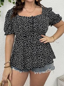 Flirla Plus Ditsy Floral Print Knot Front Peplum Blouse - Black and White - View 5
