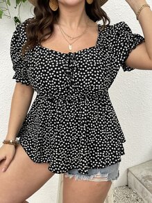 Flirla Plus Ditsy Floral Print Knot Front Peplum Blouse - Black and White - View 6