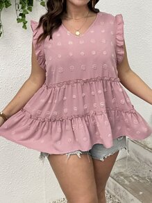 SHEIN LUNE Plus Swiss Dot Ruffle Trim Peplum Blouse - Dusty Pink - View 1