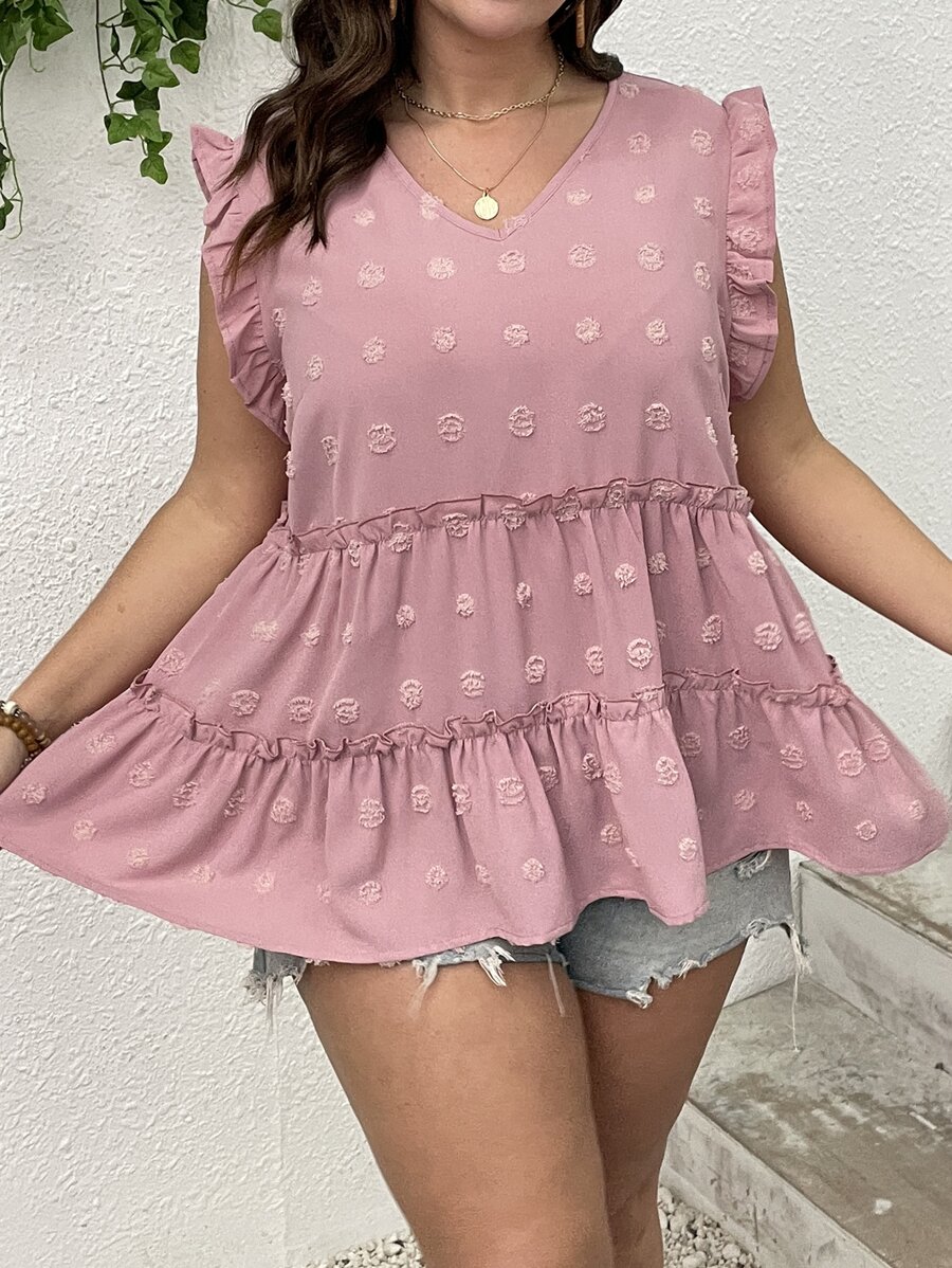 SHEIN LUNE Plus Swiss Dot Ruffle Trim Peplum Blouse - Dusty Pink - View 1
