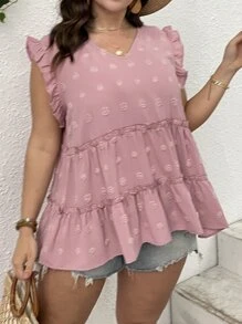 SHEIN LUNE Plus Swiss Dot Ruffle Trim Peplum Blouse - Dusty Pink - View 4