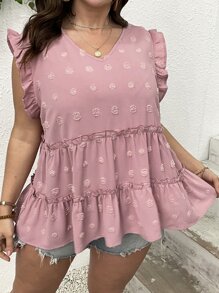 SHEIN LUNE Plus Swiss Dot Ruffle Trim Peplum Blouse - Dusty Pink - View 5