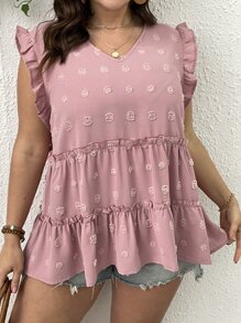 SHEIN LUNE Plus Swiss Dot Ruffle Trim Peplum Blouse - Dusty Pink - View 6