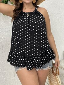 SHEIN Clasi Blusa con estampado de lunares bajo con fruncido de cuello halter - Blanco y Negro - Ver 1