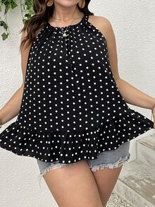 SHEIN Clasi Blusa con estampado de lunares bajo con fruncido de cuello halter - Blanco y Negro - Ver 3