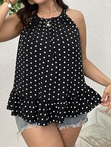 SHEIN Clasi Blusa con estampado de lunares bajo con fruncido de cuello halter - Blanco y Negro - Ver 5