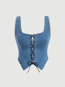 SHEIN ICON Lace Up Front Tank Denim Top - Light Wash - View 1