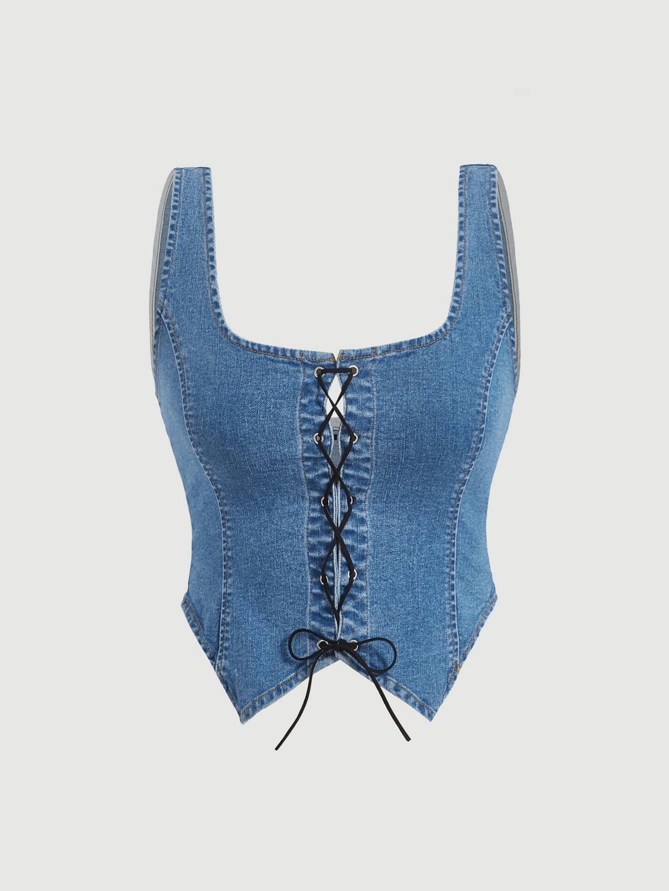 SHEIN ICON Lace Up Front Tank Denim Top - Light Wash - View 1
