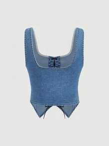 SHEIN ICON Lace Up Front Tank Denim Top - Light Wash - View 2