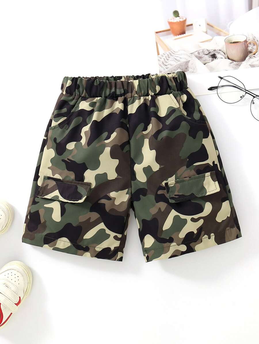 SHEIN 小男童迷彩印花翻蓋細節短褲