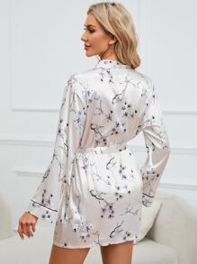 Bata de dormir con estampado floral ribete en contraste con cinturón de satén - Multicolor - Ver 2