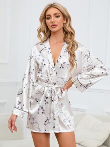 Bata de dormir con estampado floral ribete en contraste con cinturón de satén - Multicolor - Ver 6