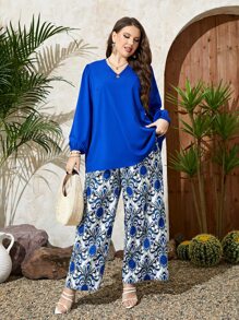 Mulvari Plus Lantern Sleeve Top & Floral Print Wide Leg Trousers - Blue - View 1