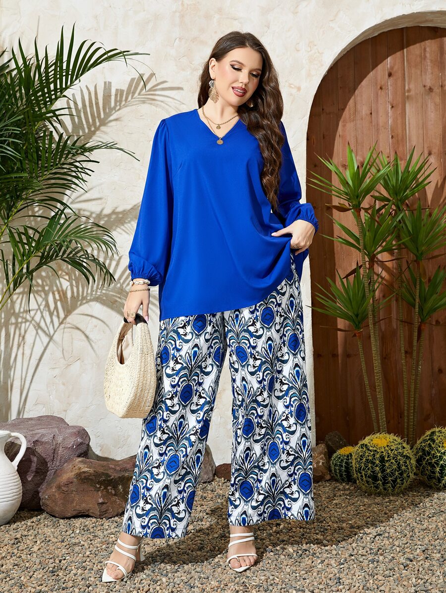 Mulvari Plus Lantern Sleeve Top & Floral Print Wide Leg Trousers - Blue - View 1
