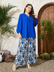 Mulvari Plus Lantern Sleeve Top & Floral Print Wide Leg Trousers - Blue - View 3