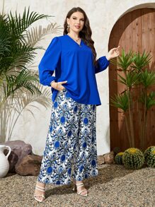 Mulvari Plus Lantern Sleeve Top & Floral Print Wide Leg Trousers - Blue - View 5