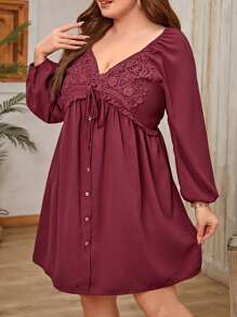 SHEIN Clasi Vestido smock con encaje con nudo delantero de manga farol - Burdeos - Ver 1