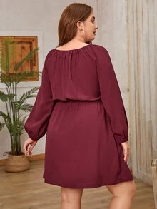 SHEIN Clasi Vestido smock con encaje con nudo delantero de manga farol - Burdeos - Ver 2