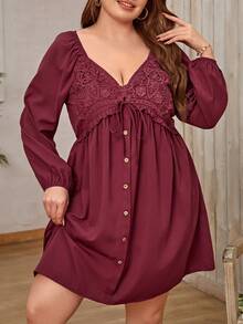 SHEIN Clasi Vestido smock con encaje con nudo delantero de manga farol - Burdeos - Ver 3