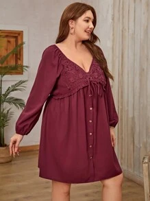 SHEIN Clasi Vestido smock con encaje con nudo delantero de manga farol - Burdeos - Ver 5