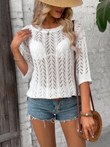 SHEIN VCAY Pointelle Knit Drop Shoulder Jumper Without Bra - White - View 4